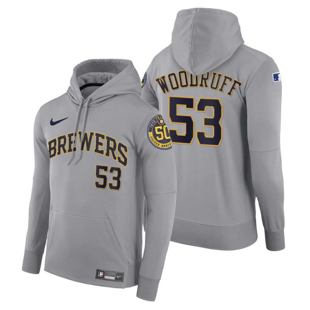 Men Milwaukee Brewers 53 Woodruff gray road hoodie 2021 MLB Nike Jerseys